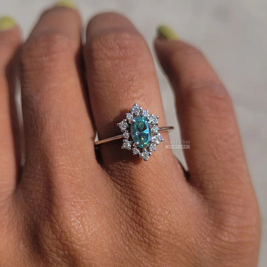 1 Ct Cyan Blue Oval Moissanite Engagement Ring - Riant Fine Jewelry