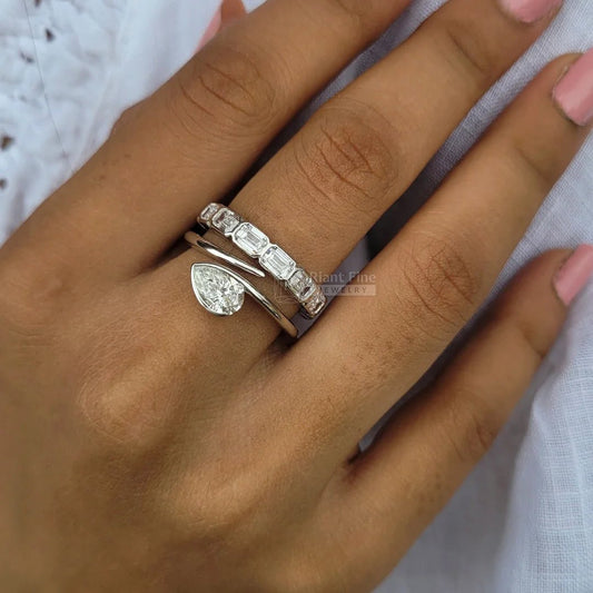 1 Ct East West Pear Diamond Bezel Engagement Ring Set - Riant Fine Jewelry LLC