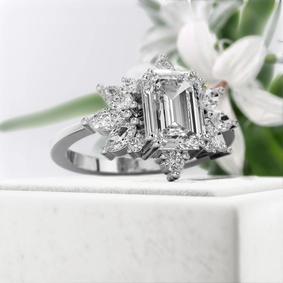 1.75-Ct-Emerald-Cut-Diamond-Cluster-Engagement-Ring-White-Gold-Diamond-View