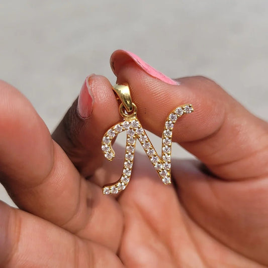 14K Gold Alphabet N Latter Pendant With Round Diamonds - Riant Fine Jewelry