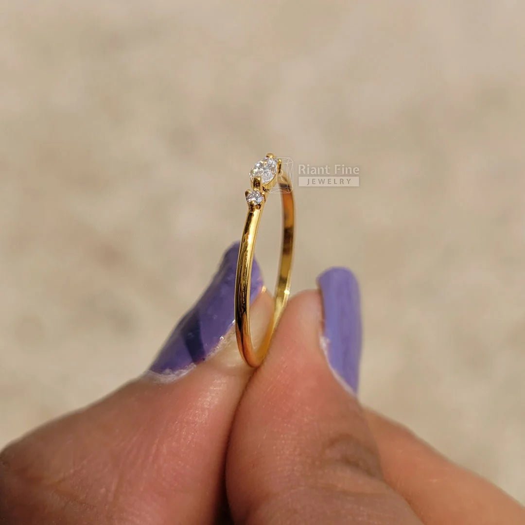 14K Gold Marquise Diamond Three Stone Dainty Ring - Riant Fine Jewelry