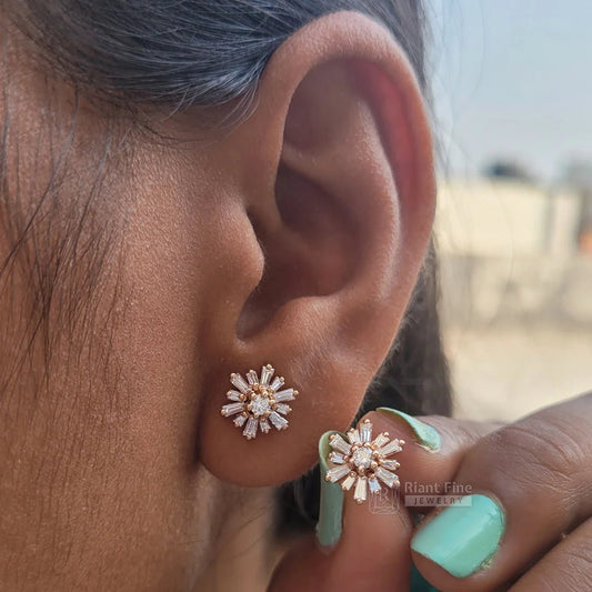 14K Rose Gold Baguette Diamond Stud Brust Stud Earrings - Riant Fine Jewelry