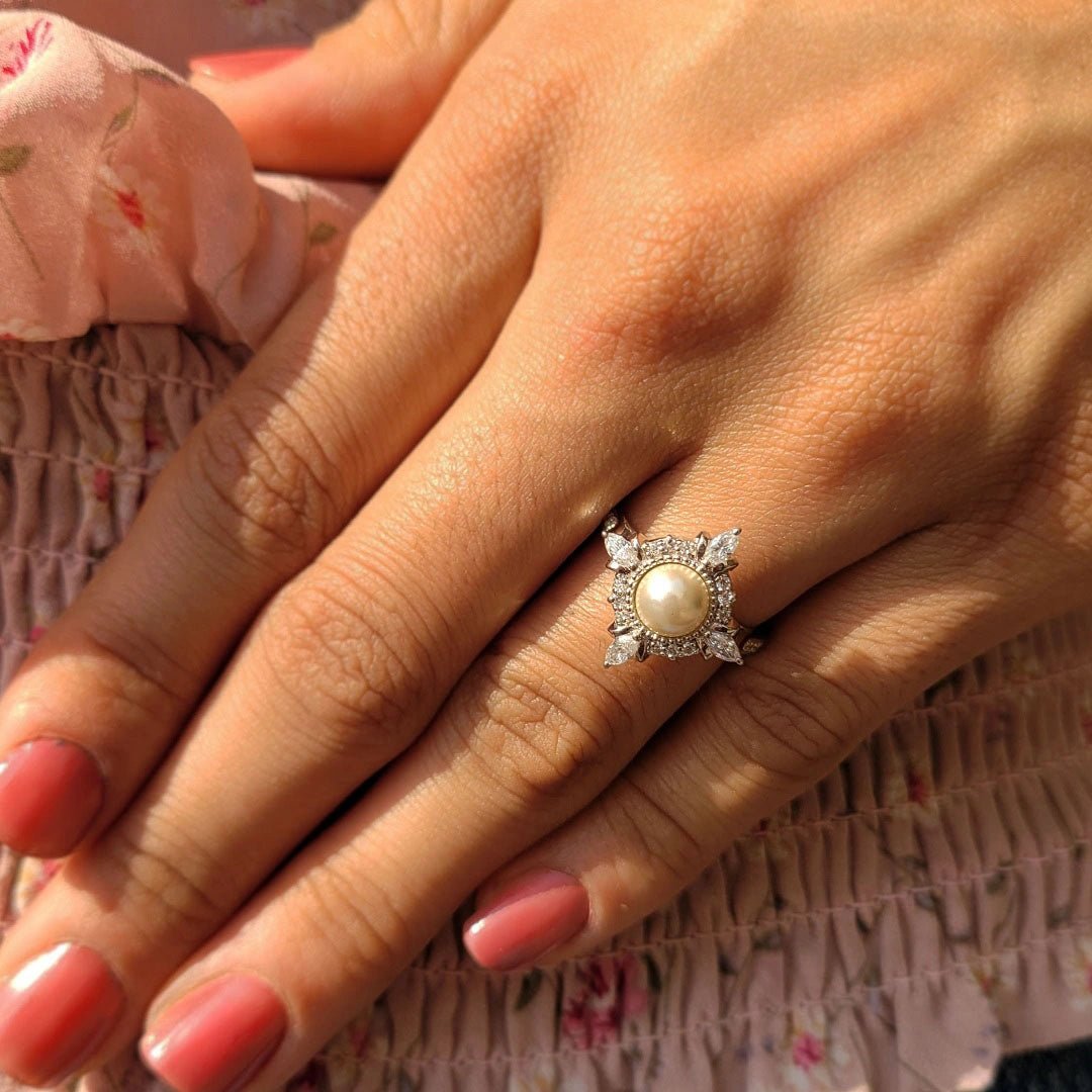 14K White Gold Pearl Halo Diamond Engagement Ring - Riant Fine Jewelry LLC