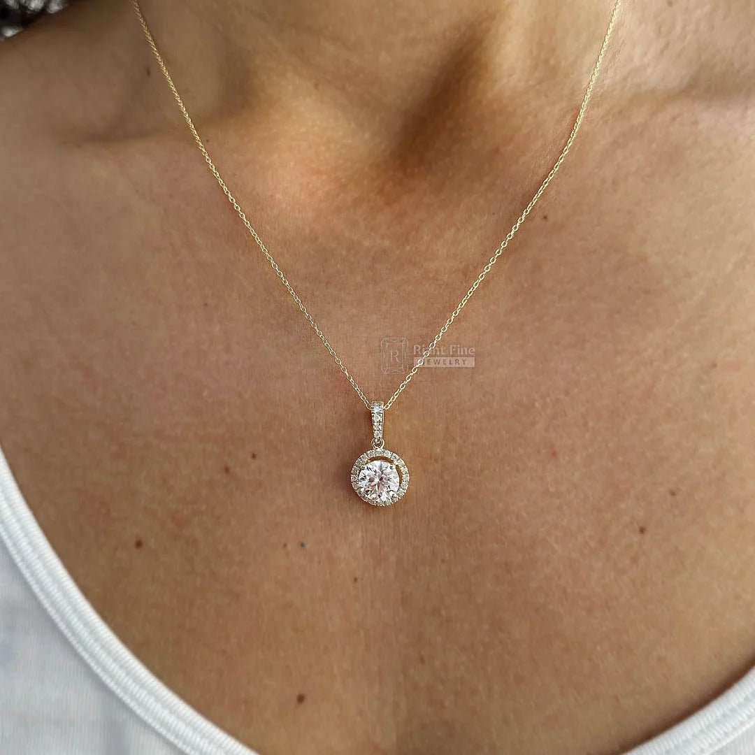 1.5 Ct Round Cut Halo Moissanite Pendant 14K Gold - Riant Fine Jewelry