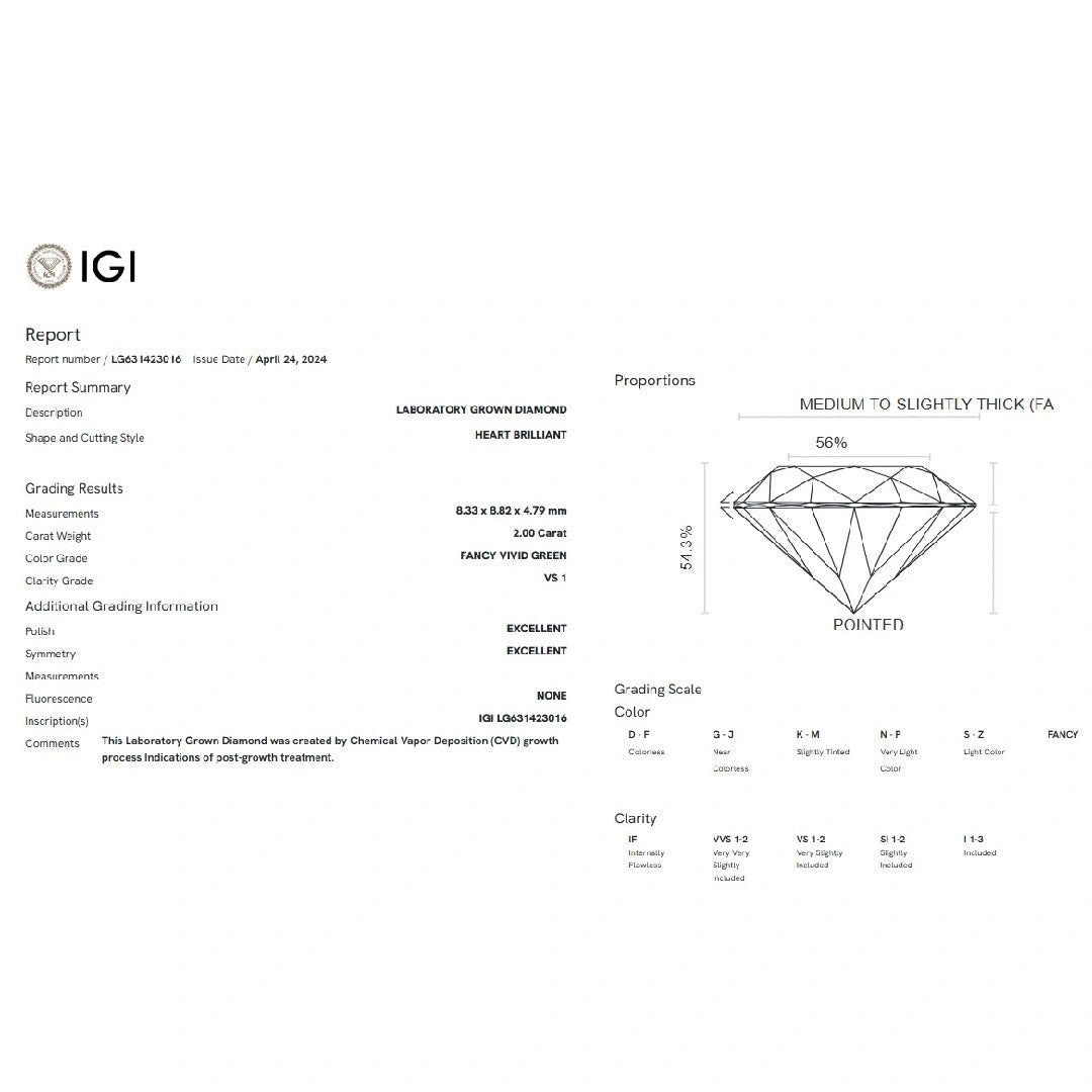 2 Ct Fancy Vivid Green Heart Lab Grown Diamond - Riant Fine Jewelry