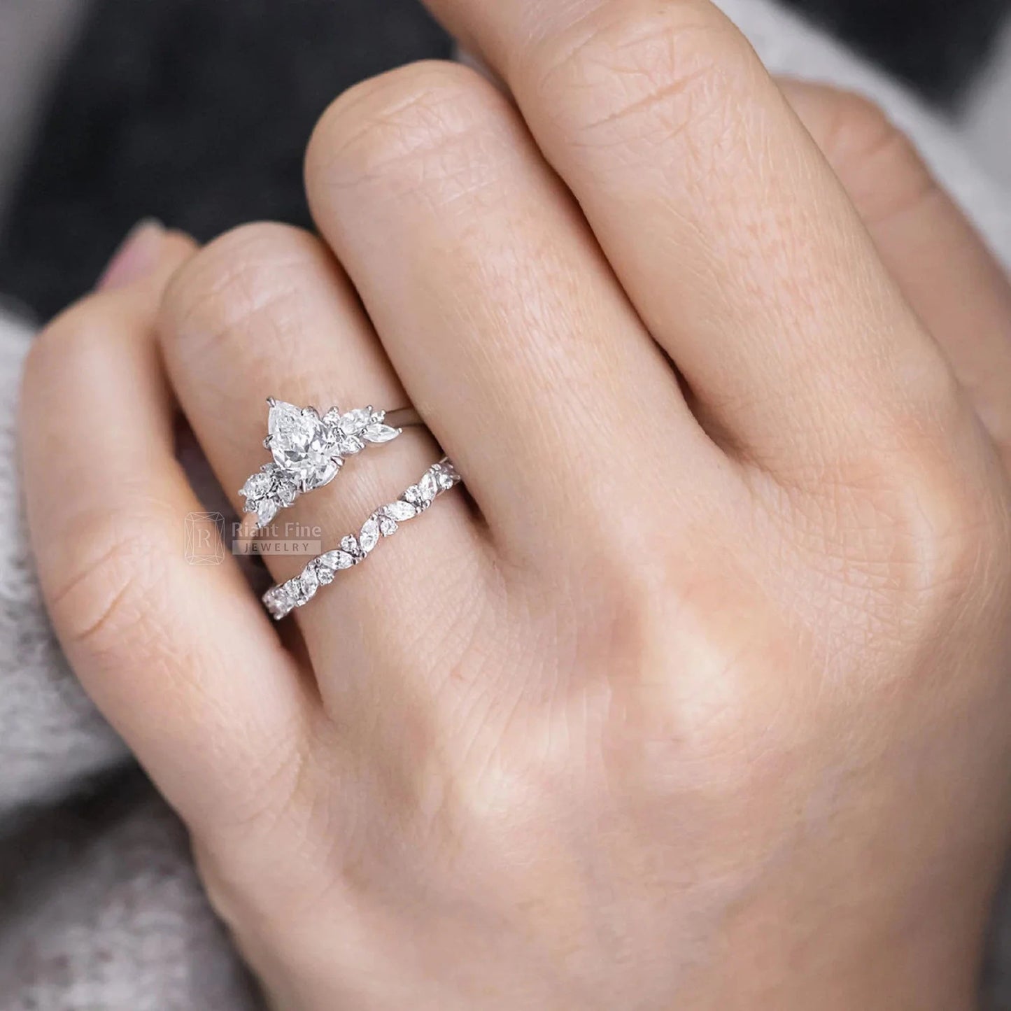 2 Ct Pear Shaped Lab Grown Diamond Cluster Engagement Ring - Riant Fine Jewelry LLC