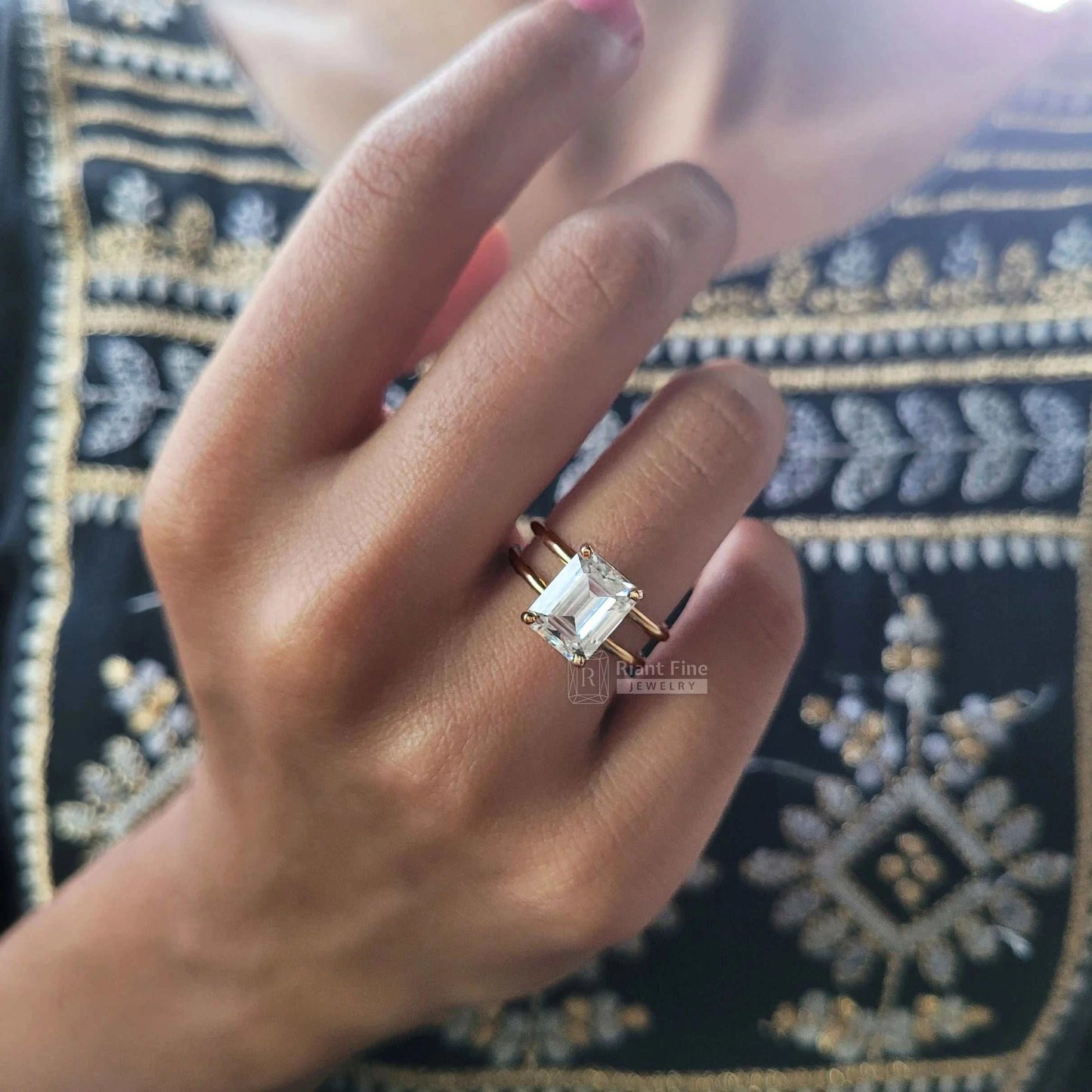 Antique Hidden Halo Emerald Cut Lab Diamond Engagement Ring - Riant Fine Jewelry LLC