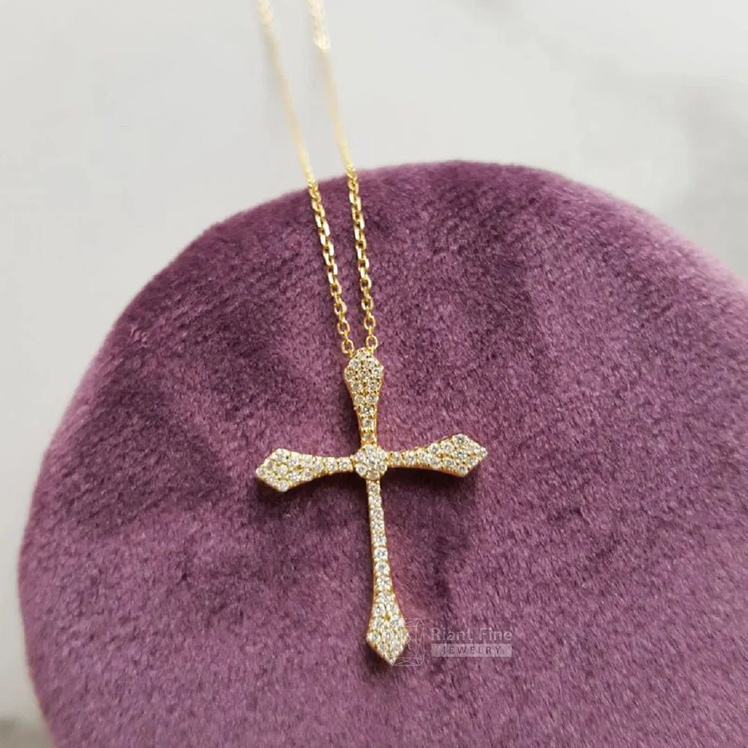 Classic Round Moissanite Gold Cross Pendant - Riant Fine Jewelry