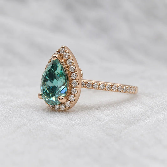 Cyan Blue Pear Cut Moissanite Halo Engagement Ring in 14K Rose Gold - Riant Fine Jewelry LLC