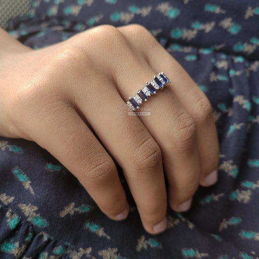 Half Eternity Baguette Cut Blue Sapphire Wedding Band - Riant Fine Jewelry LLC