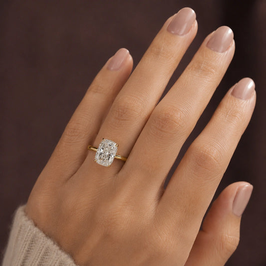 Elongated cushion diamond hidden halo engagement ring