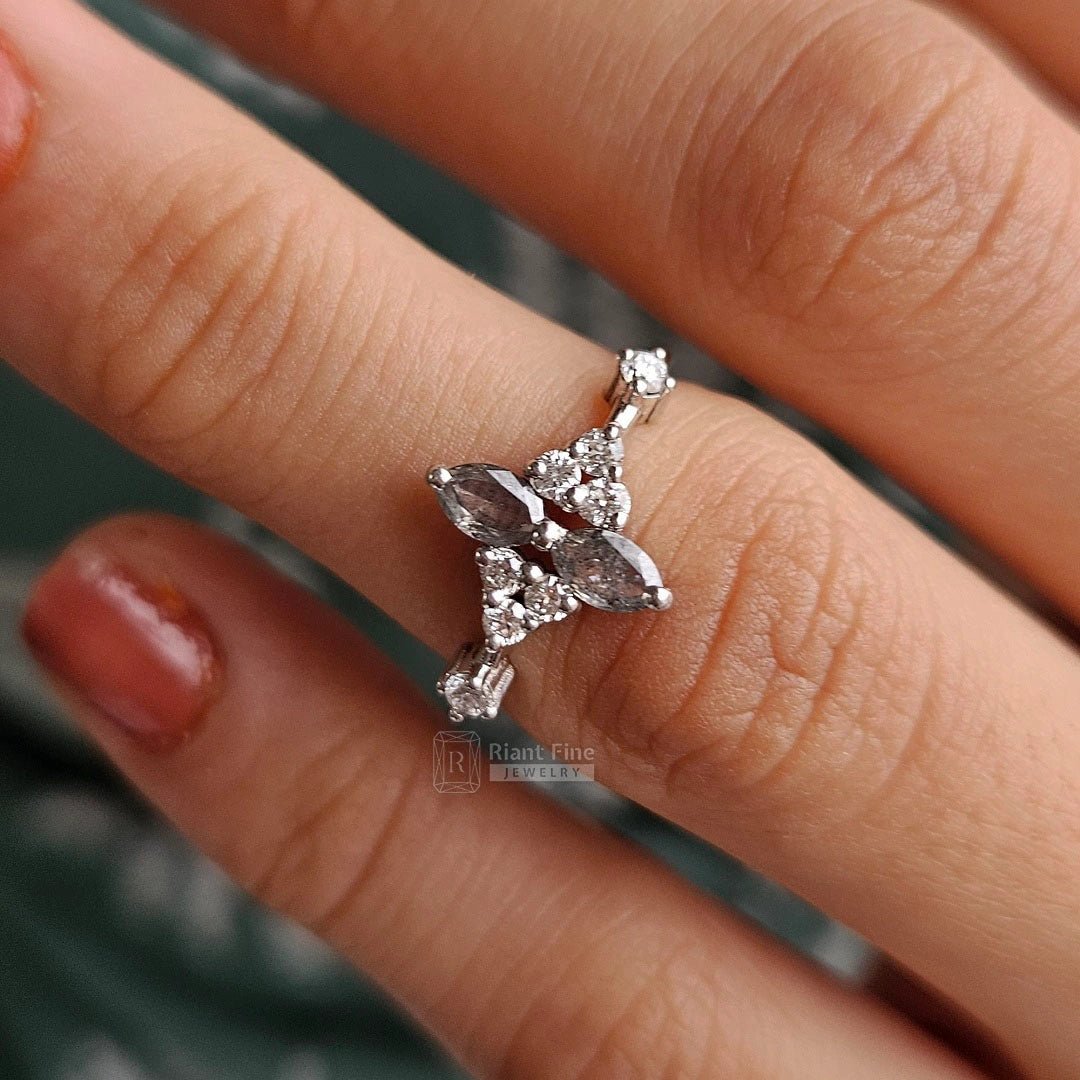 Marquise Cut Salt and Pepper Diamond Engagement Ring - Riant Fine Jewelry