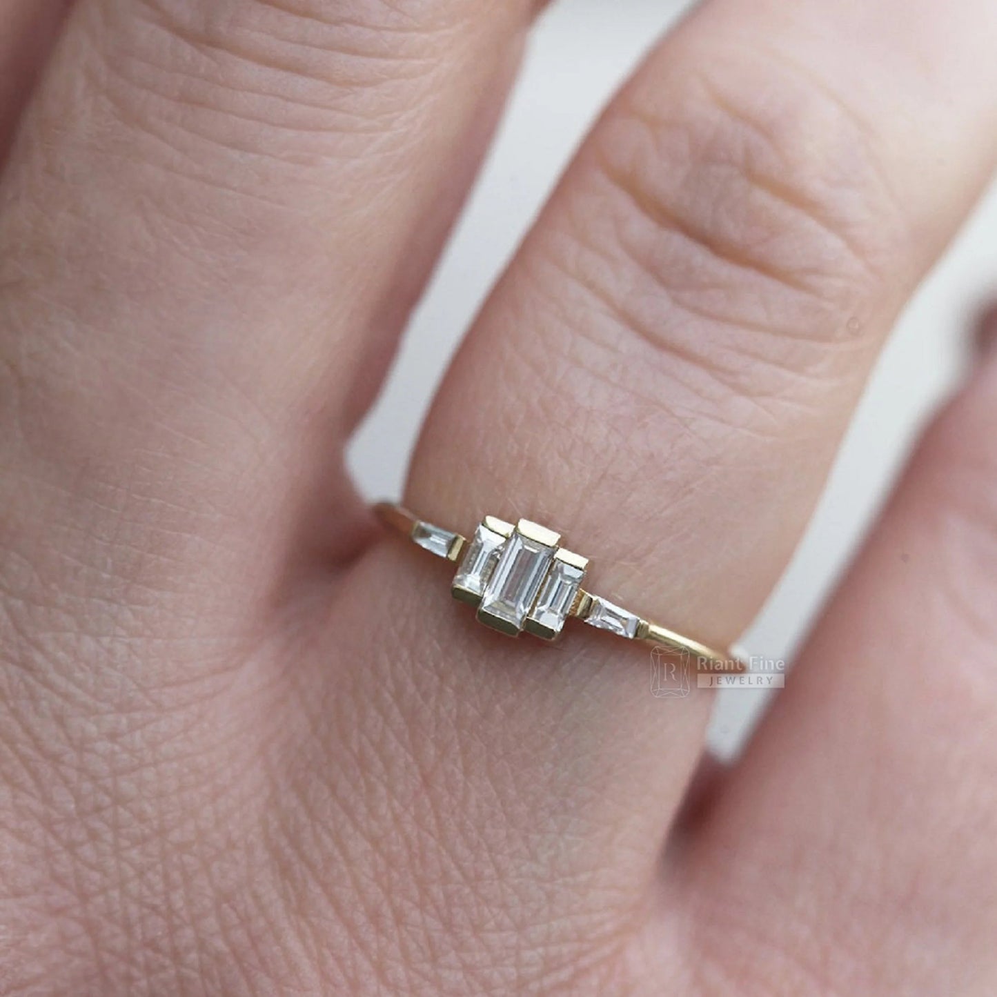 Romantic Baguette Diamond Five Stone Engagement Ring in Gold - Riant Fine Jewelry LLC
