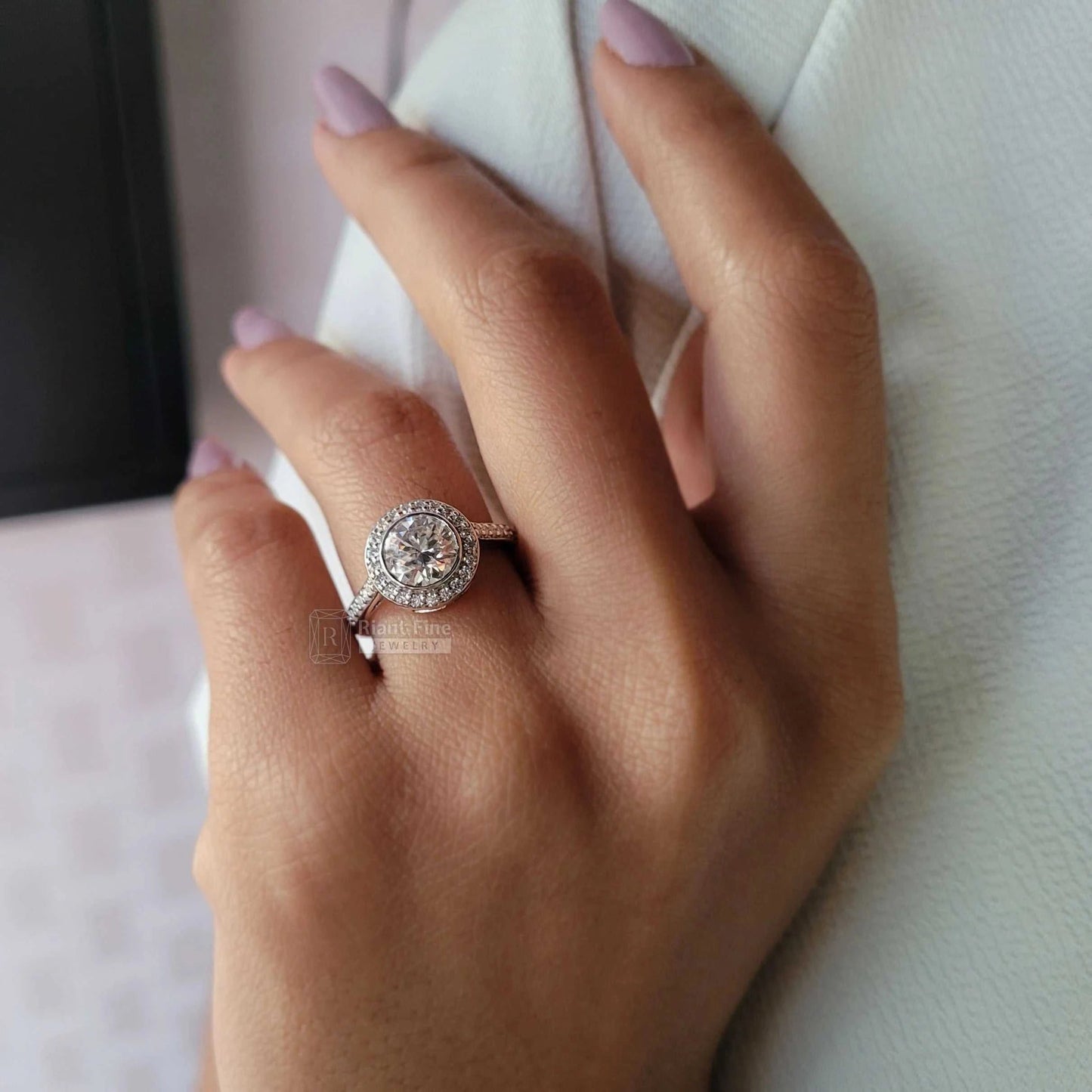 Round Cut Diamond Bezel Set Halo Engagement Rings - Riant Fine Jewelry LLC