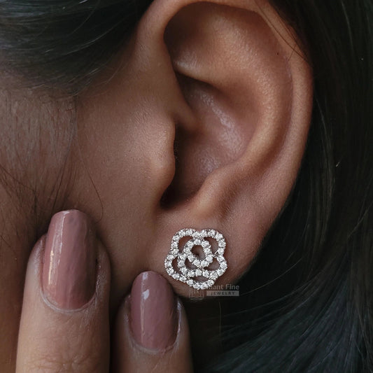 Round Lab Grown Diamond Earrings - Rose Flower Design - Riant Fine Jewelry LLC
