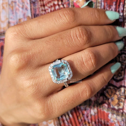Square Emerald Cut Aquamarine Halo Engagement Ring - Riant Fine Jewelry