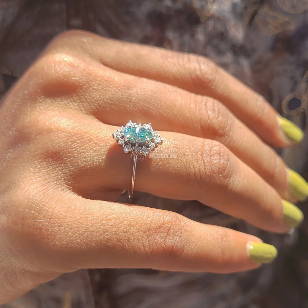 1 Ct Cyan Blue Oval Moissanite Engagement Ring - Riant Fine Jewelry