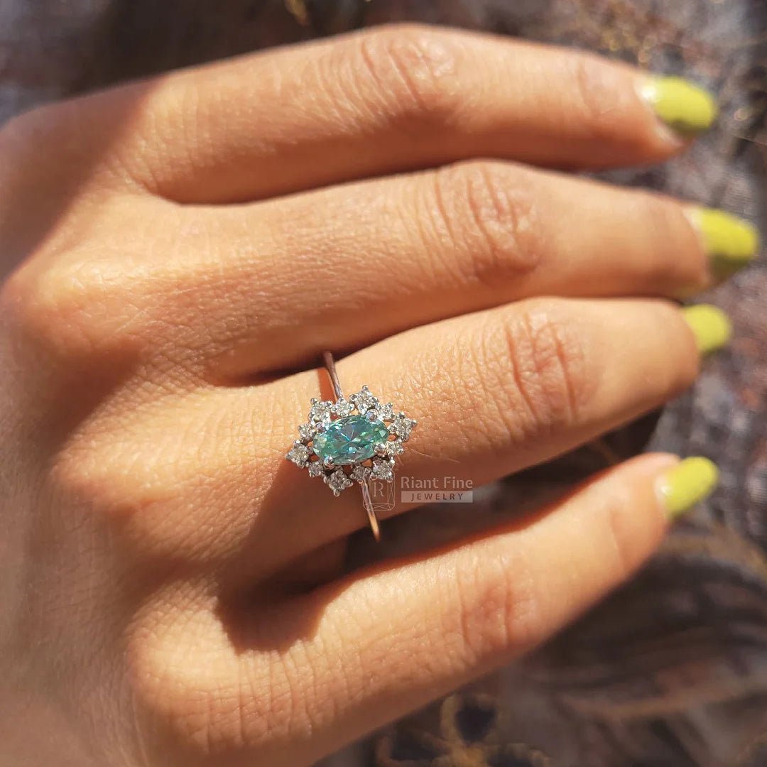 1 Ct Cyan Blue Oval Moissanite Engagement Ring - Riant Fine Jewelry