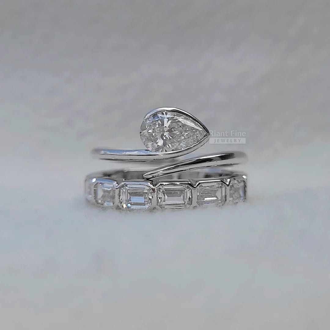 1 Ct East West Pear Diamond Bezel Engagement Ring Set - Riant Fine Jewelry LLC