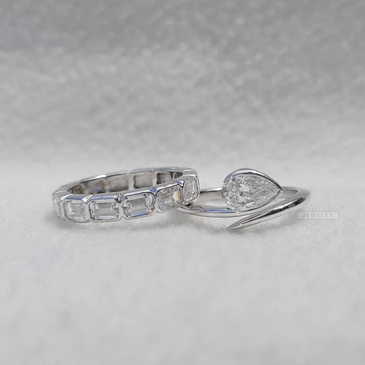 1 Ct East West Pear Diamond Bezel Engagement Ring Set - Riant Fine Jewelry LLC