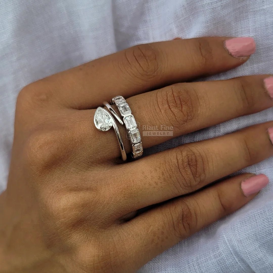 1 Ct East West Pear Diamond Bezel Engagement Ring Set - Riant Fine Jewelry LLC
