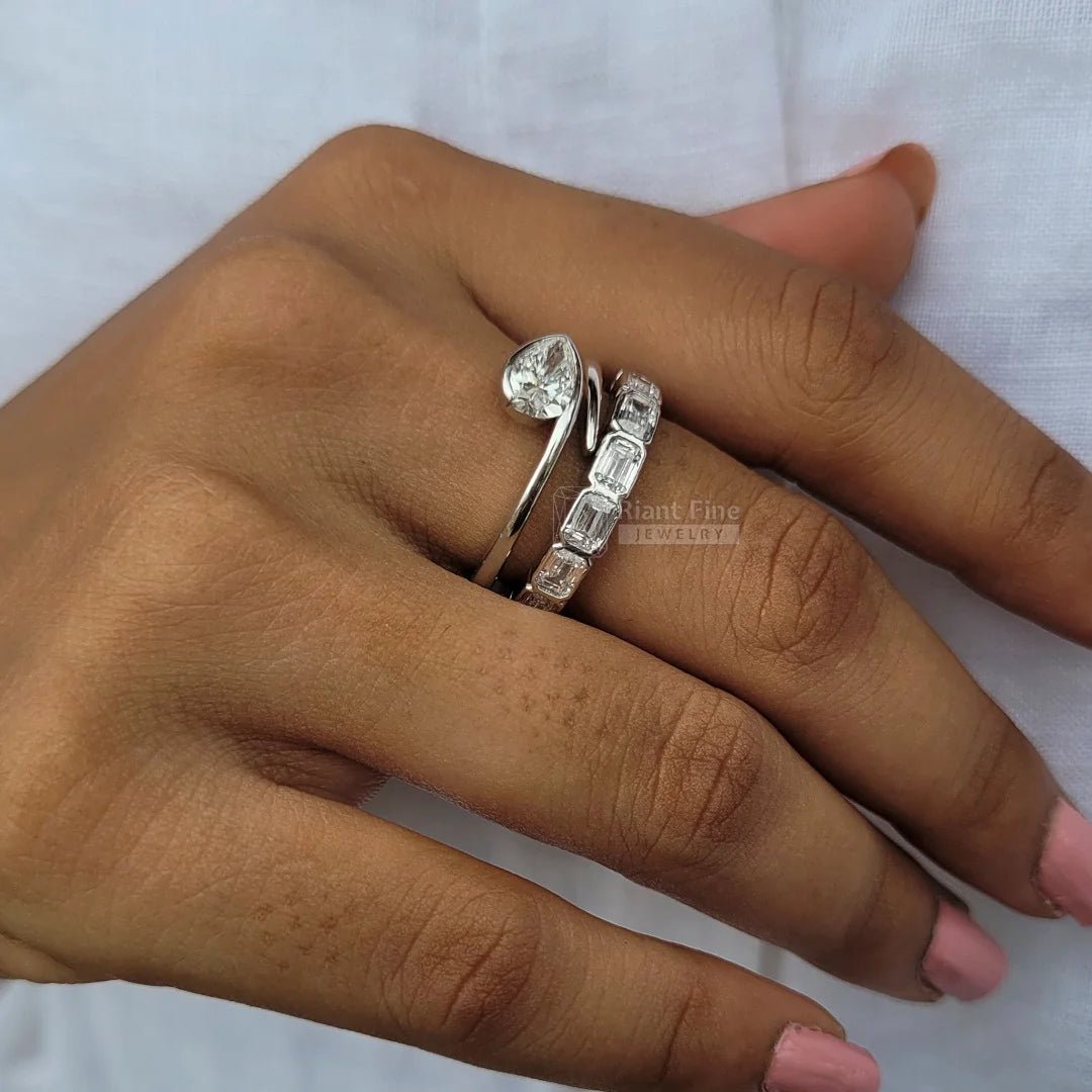 1 Ct East West Pear Diamond Bezel Engagement Ring Set - Riant Fine Jewelry LLC