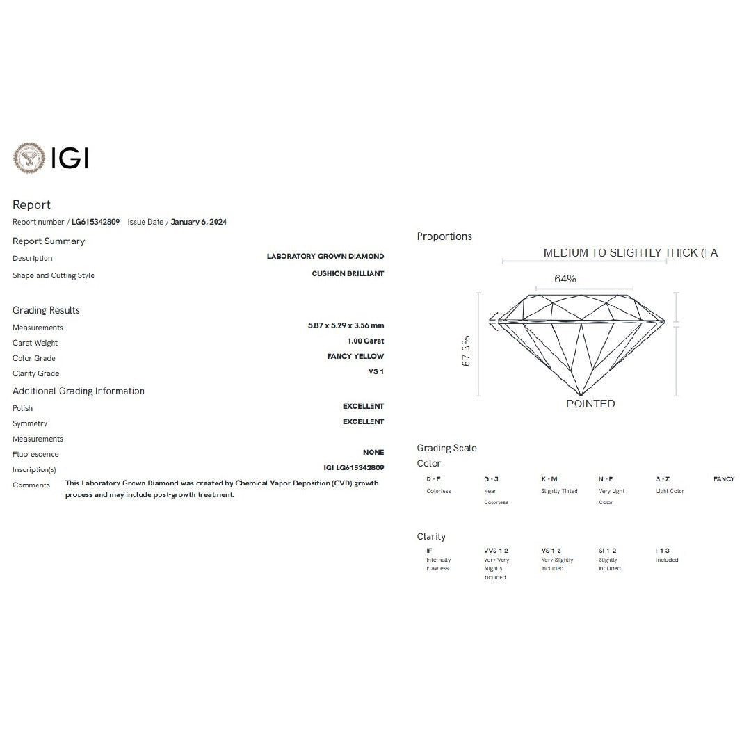 1 Ct Fancy Yellow Cushion Cut Lab Grown Diamond - Riant Fine Jewelry