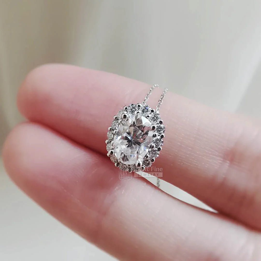 1 Ct Oval Moissanite Drop Halo Pendant In 14K Gold - Riant Fine Jewelry
