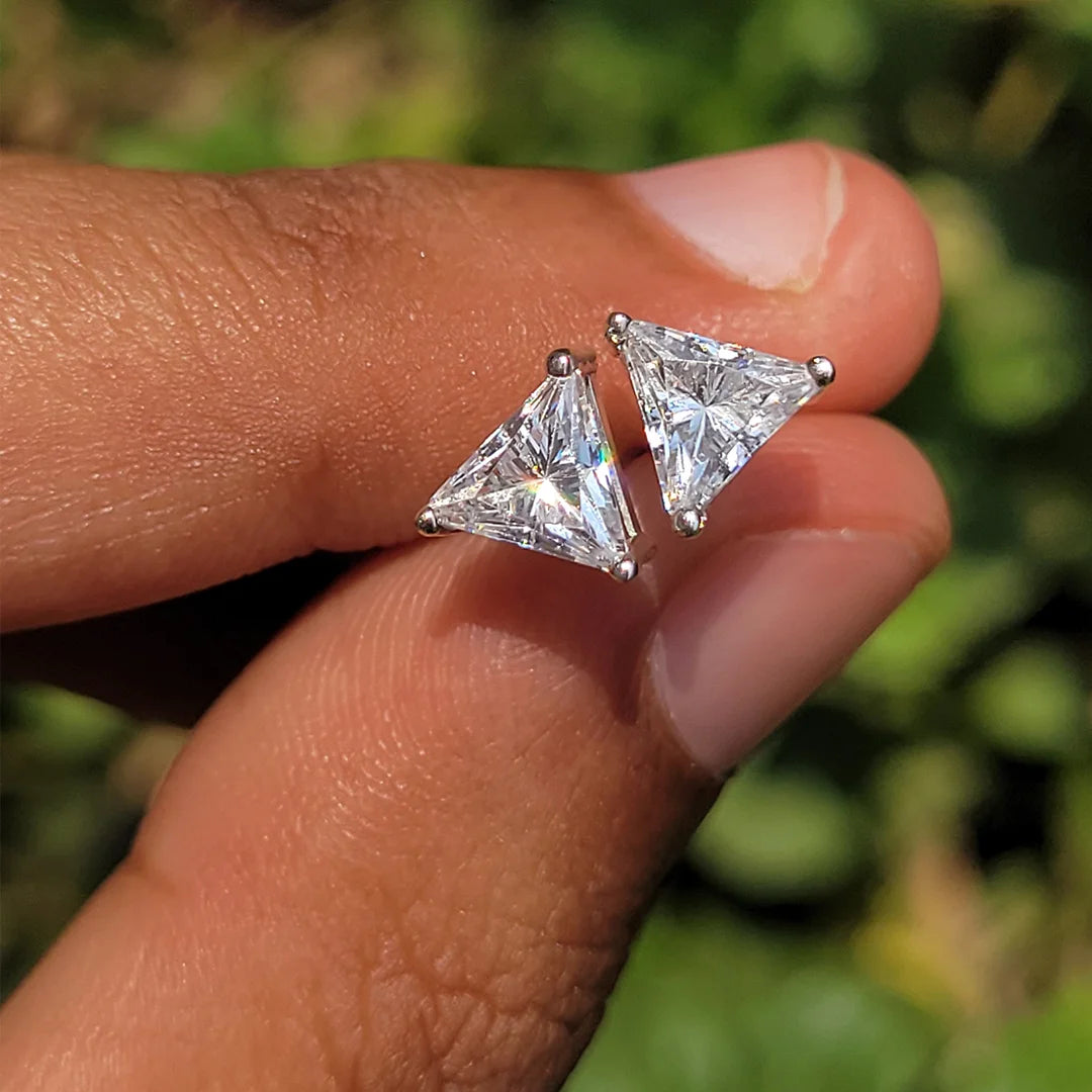 Triangle cut diamond stud earrings close up