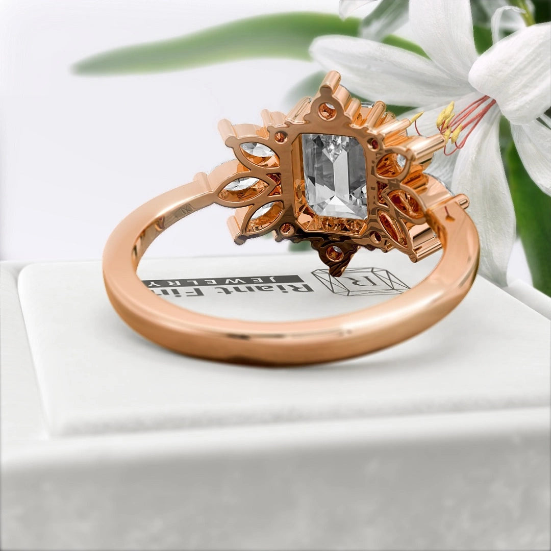 1.75-Ct-Emerald-Cut-Diamond-Cluster-Engagement-Ring-Rose-Gold-Back-View
