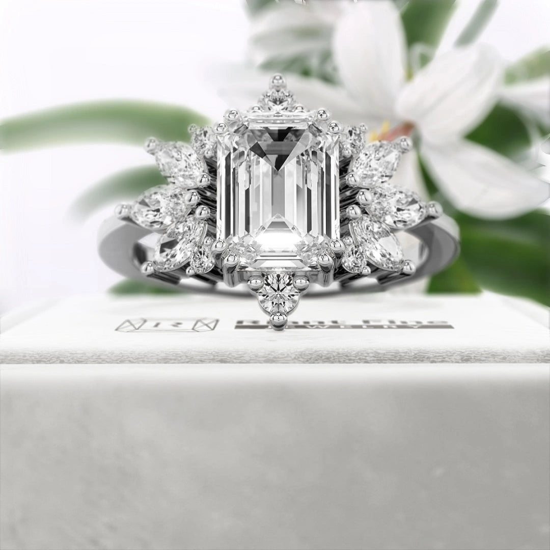 1.75-Ct-Emerald-Cut-Diamond-Cluster-Engagement-Ring-White-Gold-Front-View