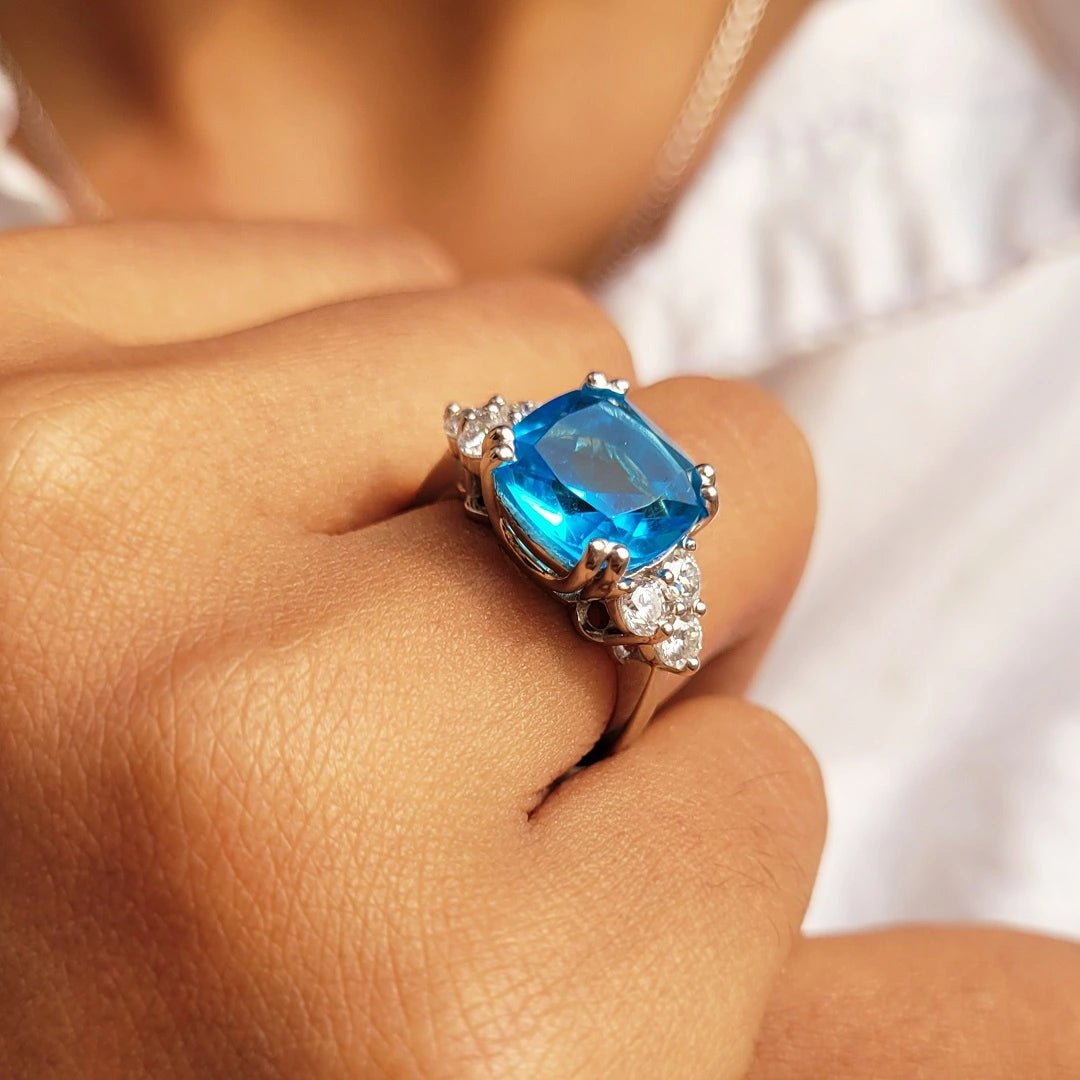 10 MM Cushion Cut Blue Sapphire Engagement Ring - Riant Fine Jewelry LLC