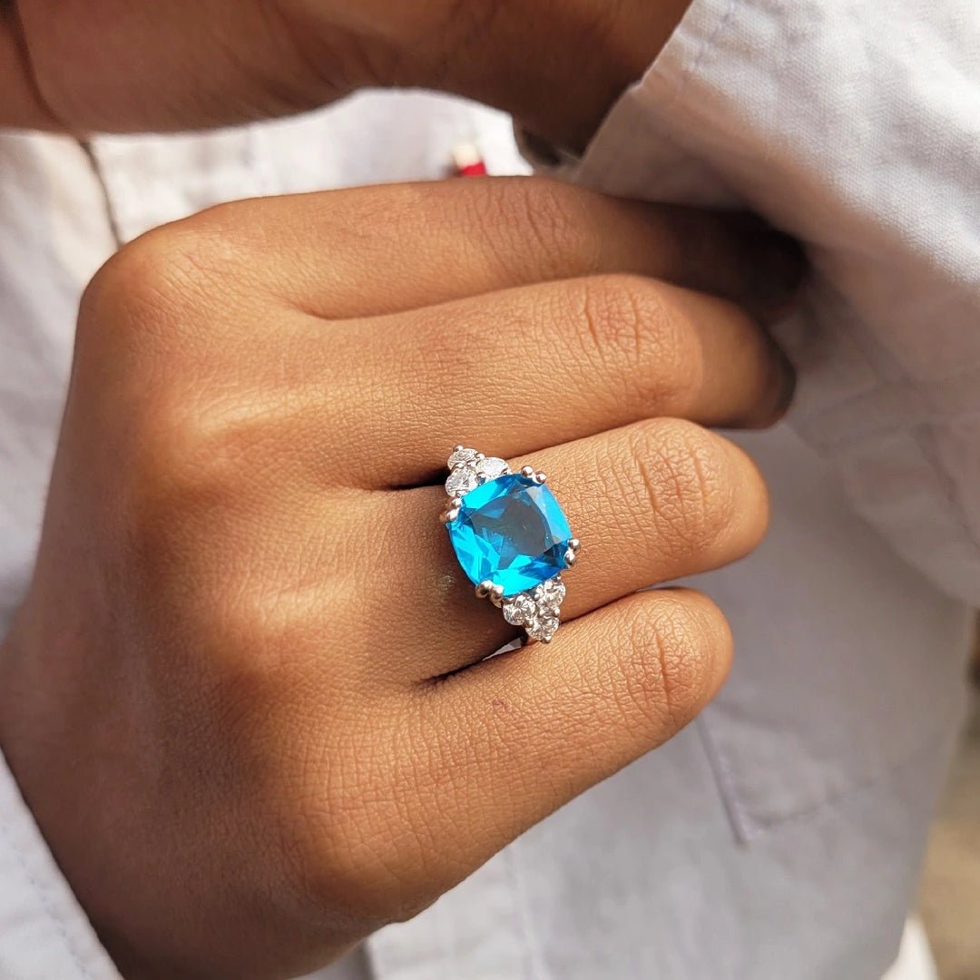 10 MM Cushion Cut Blue Sapphire Engagement Ring - Riant Fine Jewelry LLC