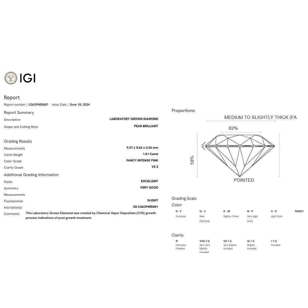 1.01 Ct Fancy Intense Pink Pear Lab Grown Diamond - Riant Fine Jewelry