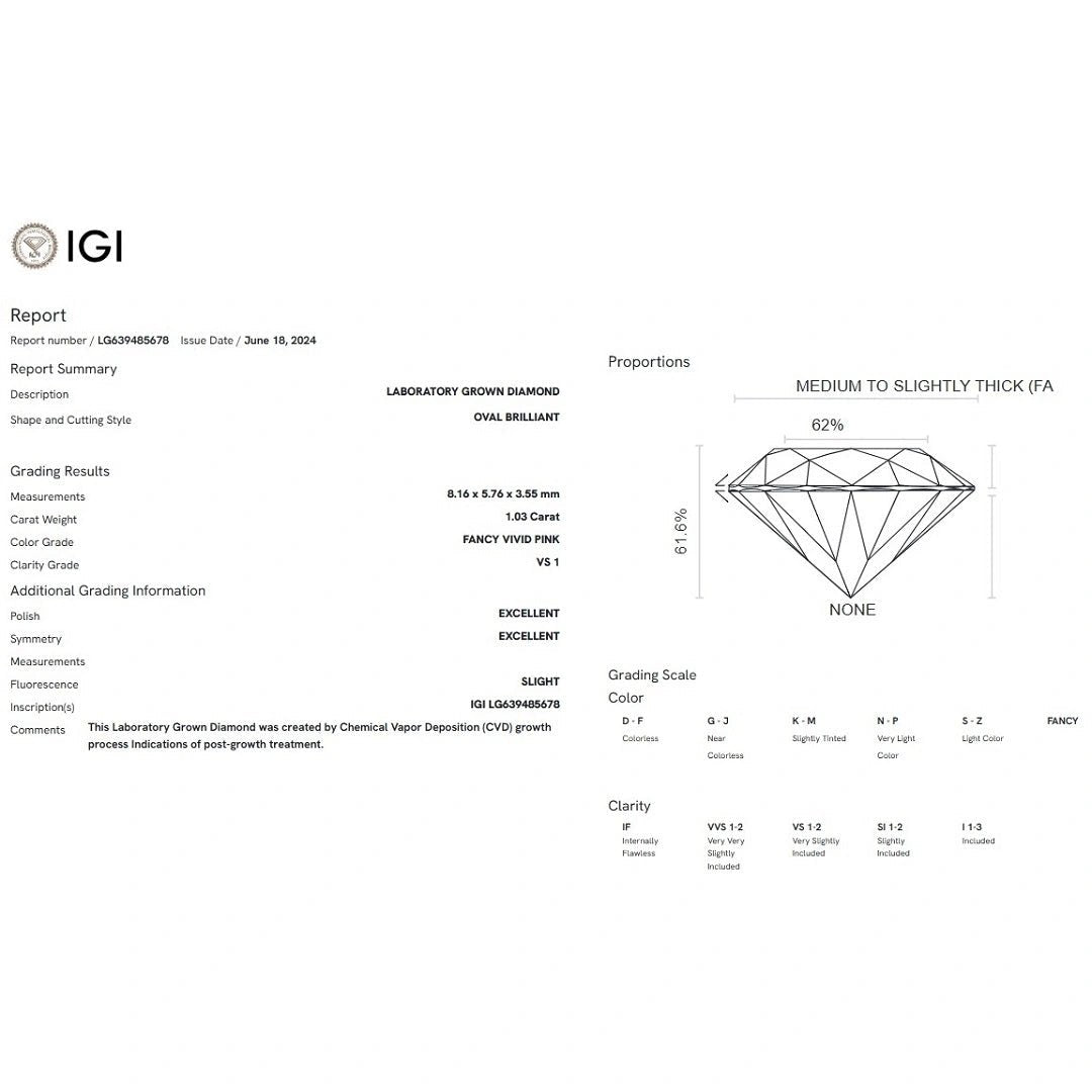 1.03 Ct Fancy Vivid Pink Oval Lab Grown Diamond - Riant Fine Jewelry