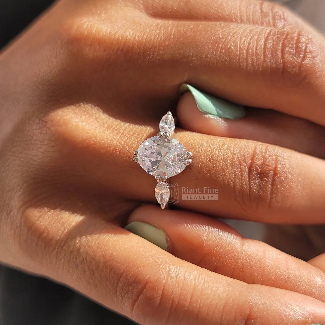 10*8 MM Oval Diamond Gold Three Stone Engagement Ring - Riant Fine Jewelry