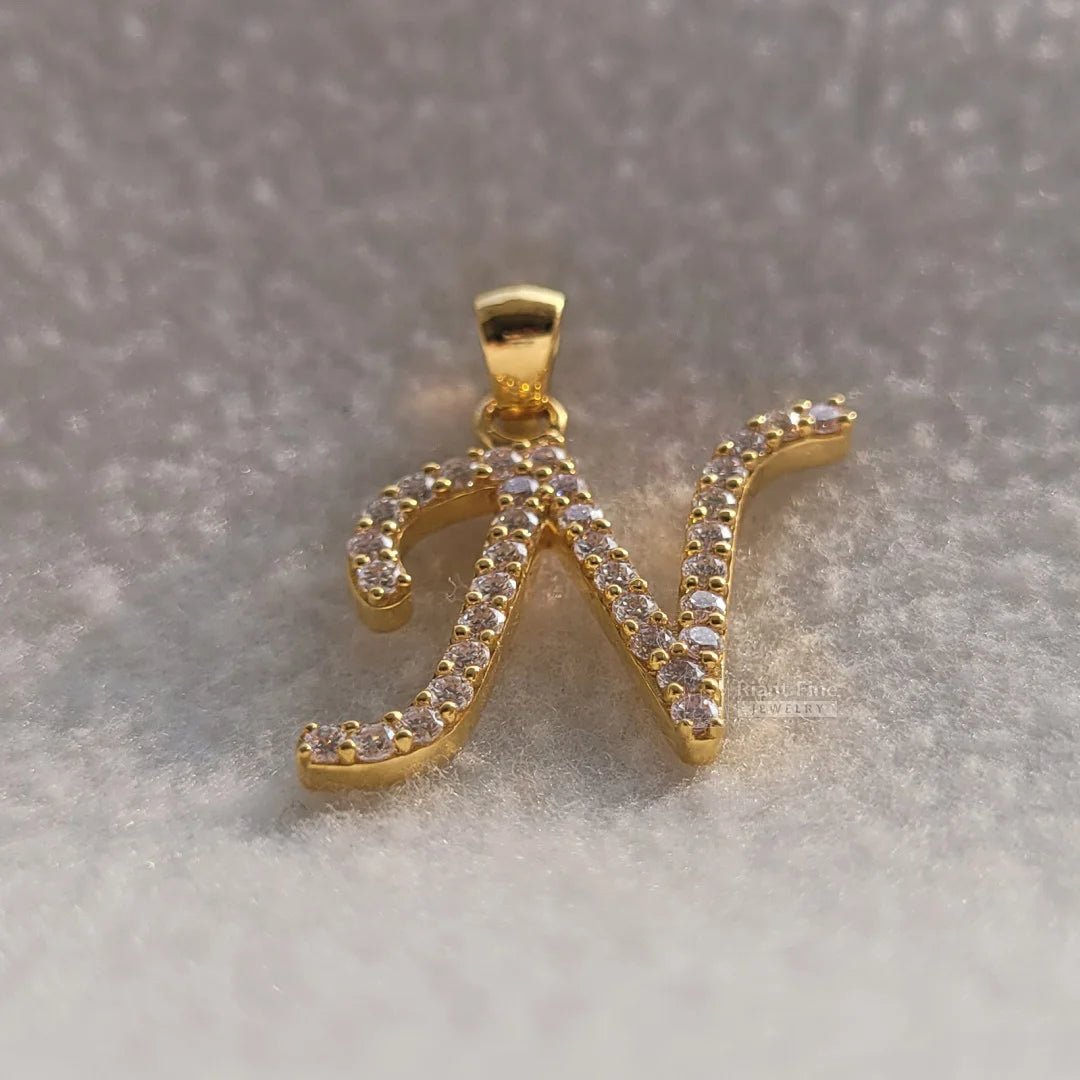 14K Gold Alphabet N Latter Pendant With Round Diamonds - Riant Fine Jewelry