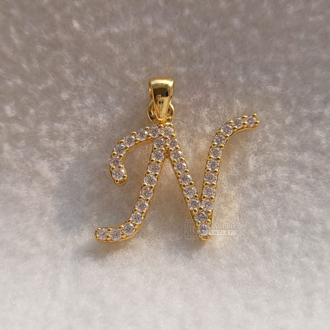 14K Gold Alphabet N Latter Pendant With Round Diamonds - Riant Fine Jewelry