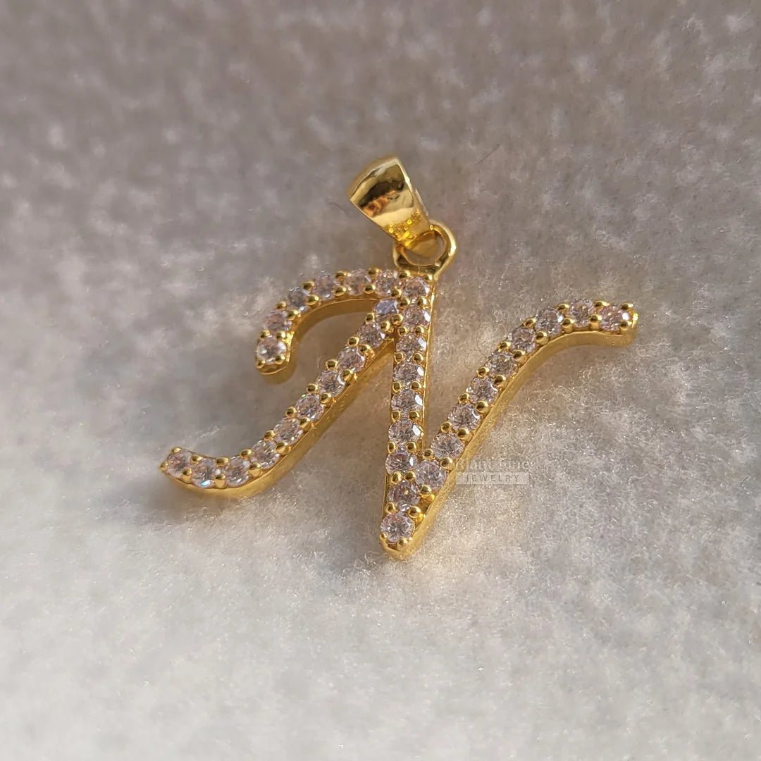 14K Gold Alphabet N Latter Pendant With Round Diamonds - Riant Fine Jewelry