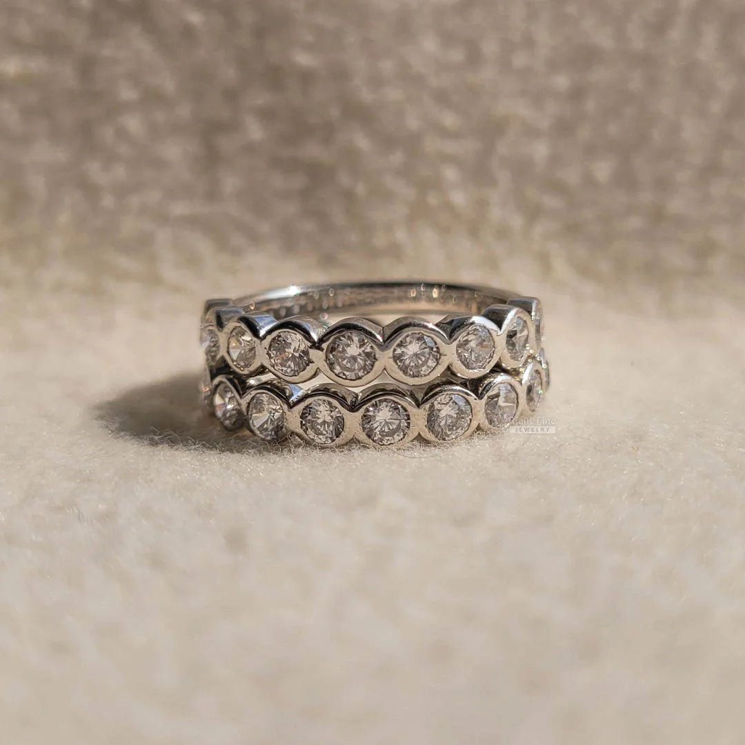 14K Gold Bezel Round Diamond Eternity Wedding Band Set - Riant Fine Jewelry