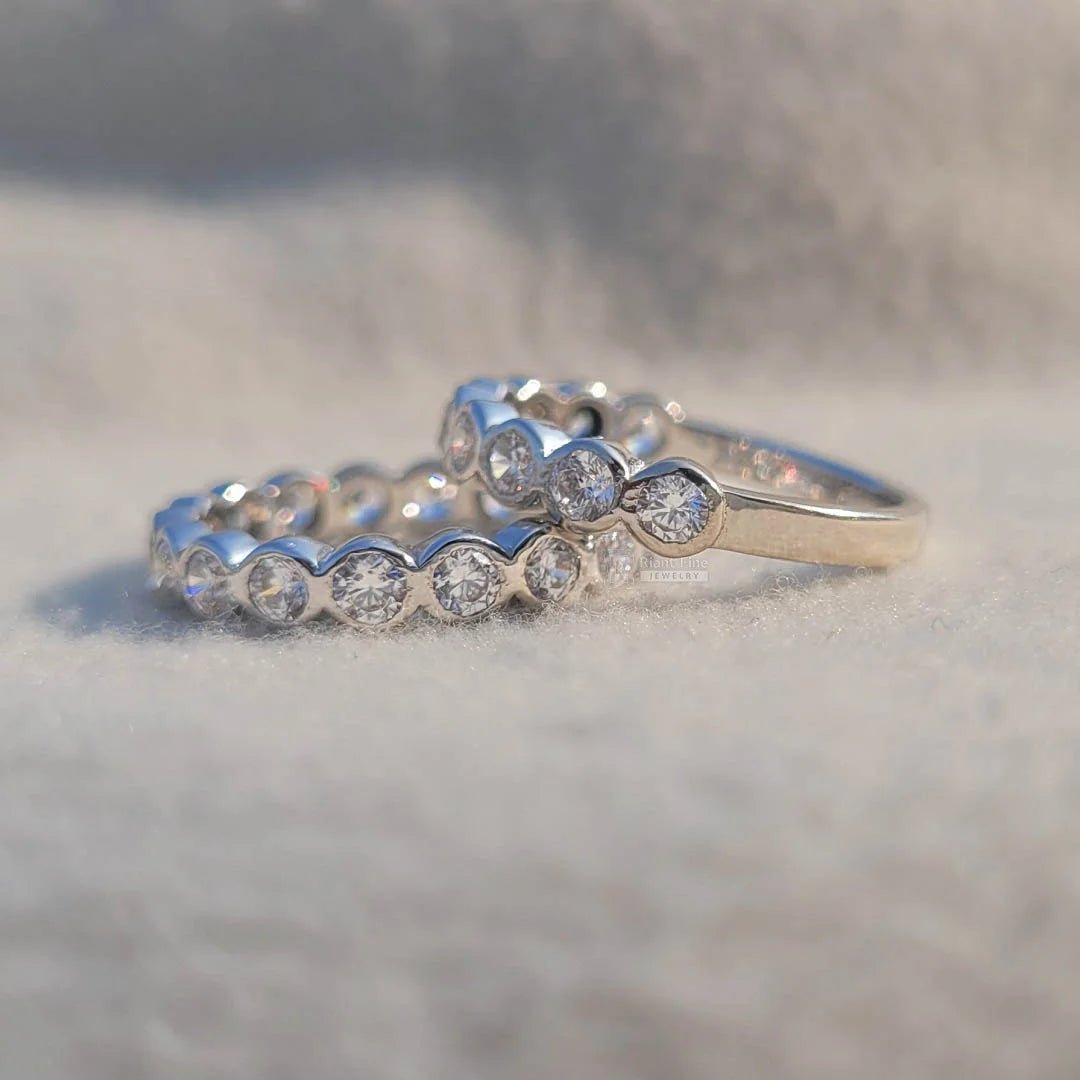 14K Gold Bezel Round Diamond Eternity Wedding Band Set - Riant Fine Jewelry
