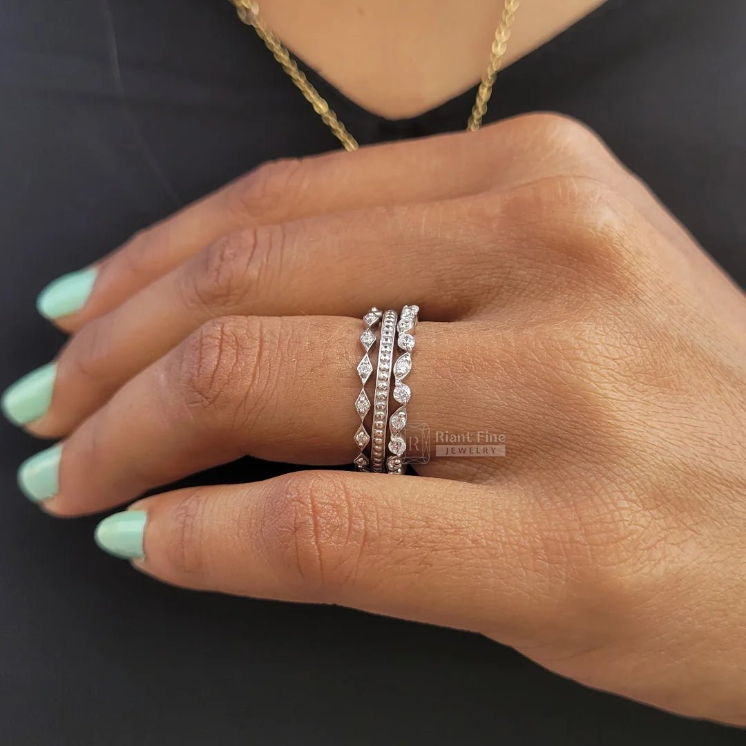 14K Gold Diamond Stackable Three Band Wedding Ring Set - Riant Fine Jewelry