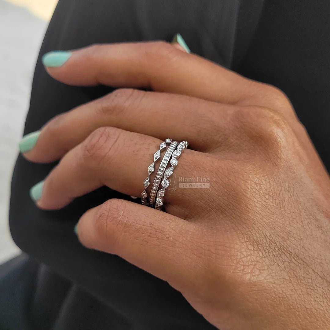 14K Gold Diamond Stackable Three Band Wedding Ring Set - Riant Fine Jewelry