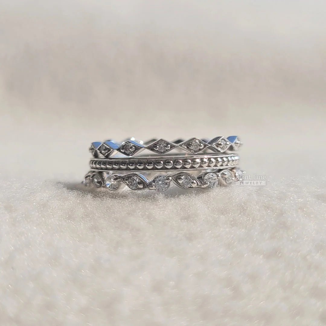 14K Gold Diamond Stackable Three Band Wedding Ring Set - Riant Fine Jewelry