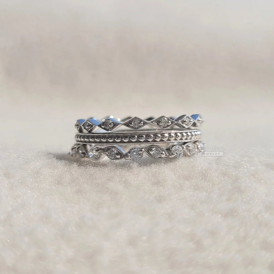 14K Gold Diamond Stackable Three Band Wedding Ring Set - Riant Fine Jewelry