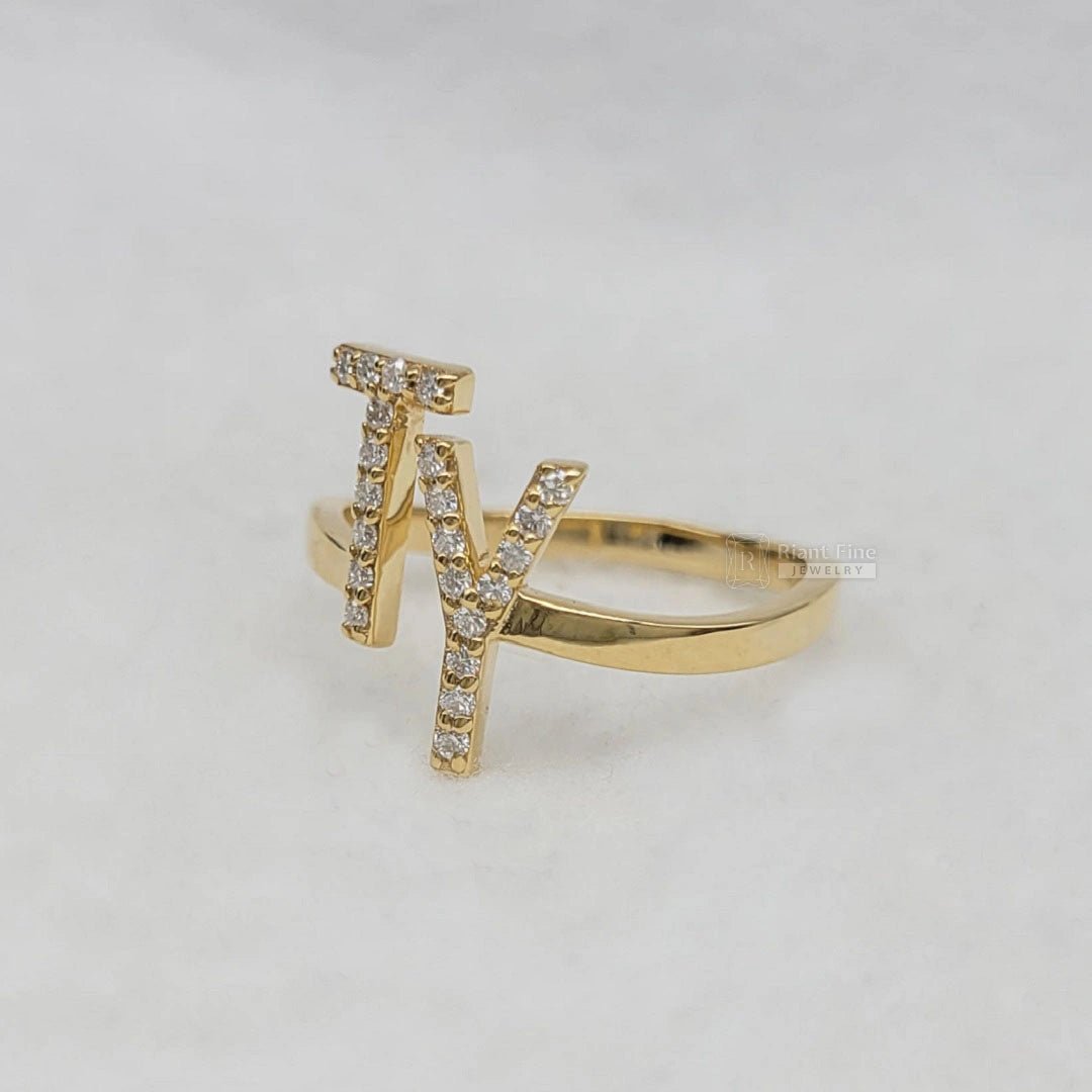 14K Gold Initial Ring with Round Lab Grown Diamonds - Riant Fine Jewelry LLC