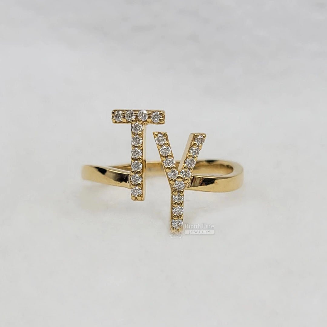 14K Gold Initial Ring with Round Lab Grown Diamonds - Riant Fine Jewelry LLC