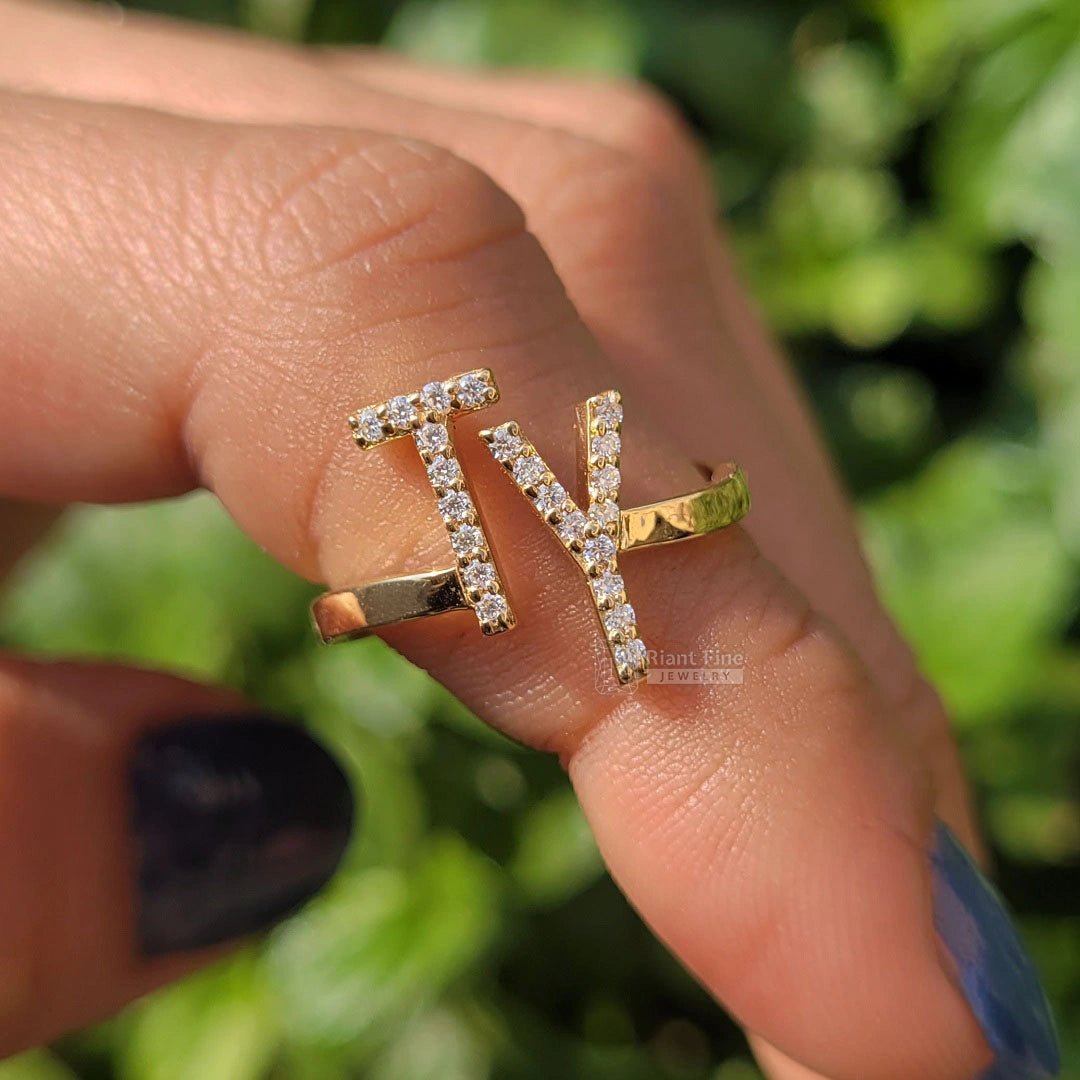 14K Gold Initial Ring with Round Lab Grown Diamonds - Riant Fine Jewelry LLC