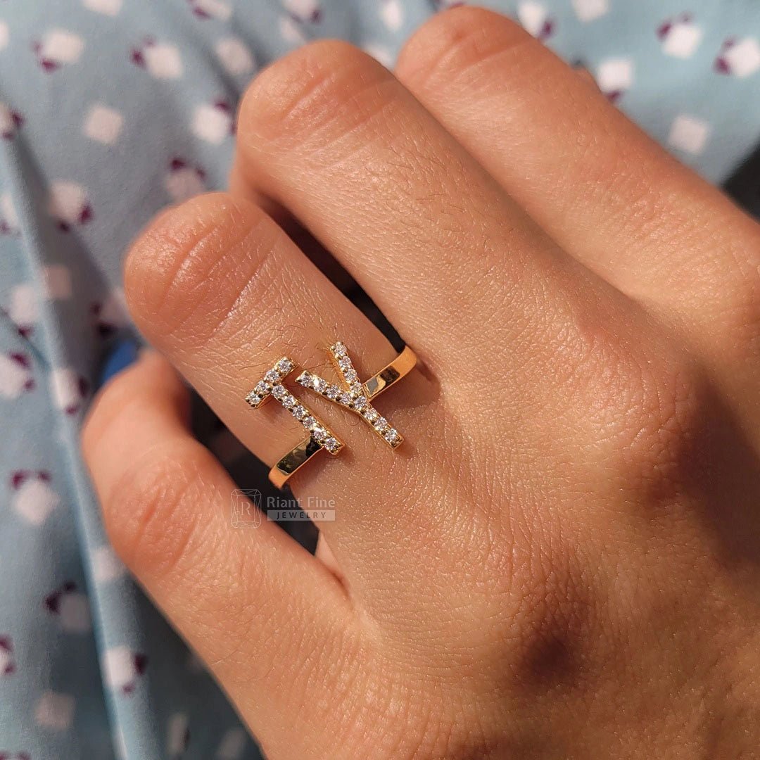 14K Gold Initial Ring with Round Lab Grown Diamonds - Riant Fine Jewelry LLC