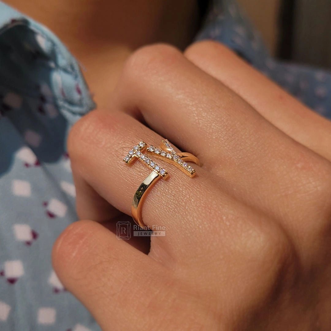 14K Gold Initial Ring with Round Lab Grown Diamonds - Riant Fine Jewelry LLC